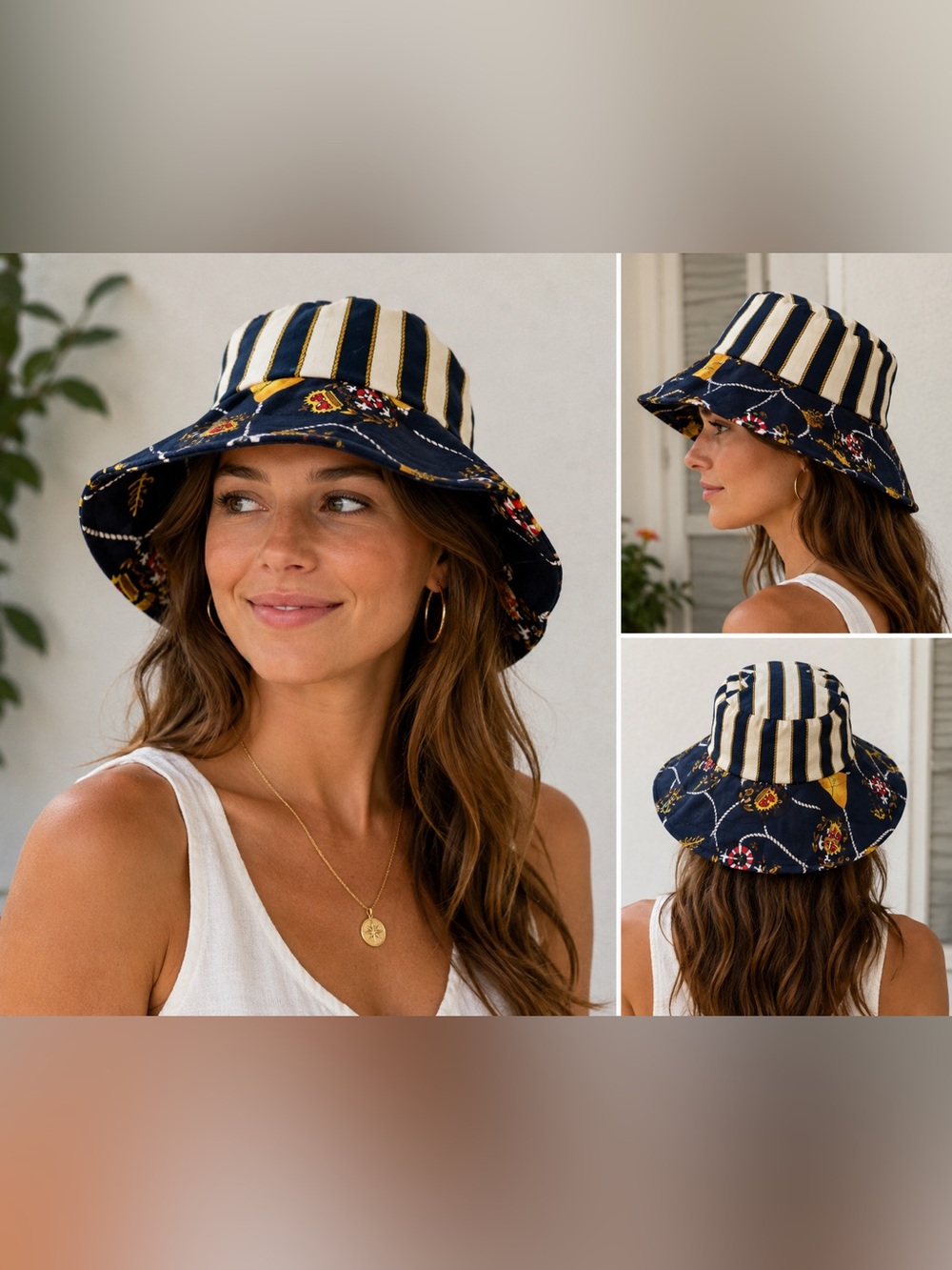 Deborah Rhodes Collection Nautical Bucket Hat Navy White Rope Stripe Sailor